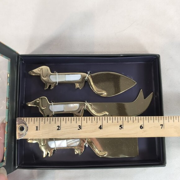 Anthropologie 3 Cheese Knives Weiner Dogs Gold Mother Pearl Mackenzie Dachshund - Picture 9 of 9